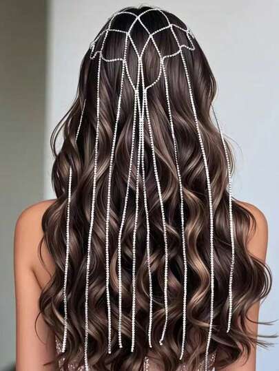 Bohemian Fashion Hollow Mesh Multi-Layer Tassel Crystal Headchain, Glamorous Party Ball Jewelry Accessory For Women