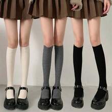 1 Pair Women Knee High Socks, Breathable Non-Slip, Slimming, Mid-Calf Socks, Solid Color, JK Style, Y2K/School/Korean Fashion, Black/White, Spring/Summer/Autumn, Cozy - Đen 1 cái - Xem 2