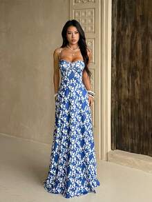 Elegant Full-Print Backless Maxi Dress, Suitable For Women's Vacation And Home Wear, Waist-Cinched A-Line Camisole Dress - Blue - View 8