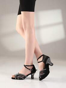Professional Latin Dance Shoes For Women Rhinestone Block Heel Sandals - Black - View 4