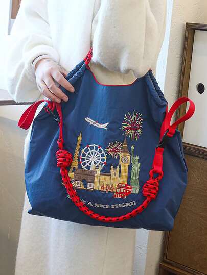 1pc New Minimalist Embroidered City Fireworks Pattern Nylon Large Capacity Lightweight Tote Bag, Suitable For Daily Commute, Shopping, Party, Shoulder & Crossbody