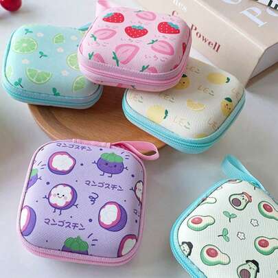 1pc EVA Material Fruit Print Earphone Storage Bag, Suitable For Bluetooth Earphones, Cables, Mini Chargers, Coin Purse, Square Storage Box