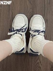 NZNF 2025新款白色厚底运动鞋，复古低帮厚底鞋，女士休闲百搭鞋款 - 藍色 - 查看 7