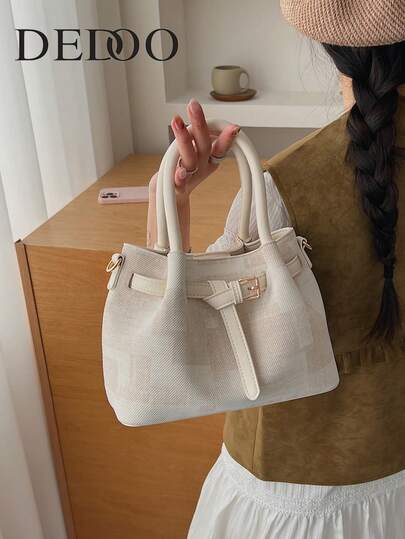 Dedoo Exquisite Plaid Women's Literary Style Color-Blocking Handbag With Leather Strap + Metal Buckle Decoration, Practical And Retro, Suitable For Commuting, Shopping, And Cross-Body Use.