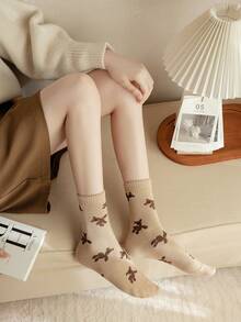 5双装女士时尚米色蓬松棉袜，透气高弹保暖不闷热，可爱少女棉袜，适合春秋季日常穿着及通勤。 - 彩色 - 查看 1