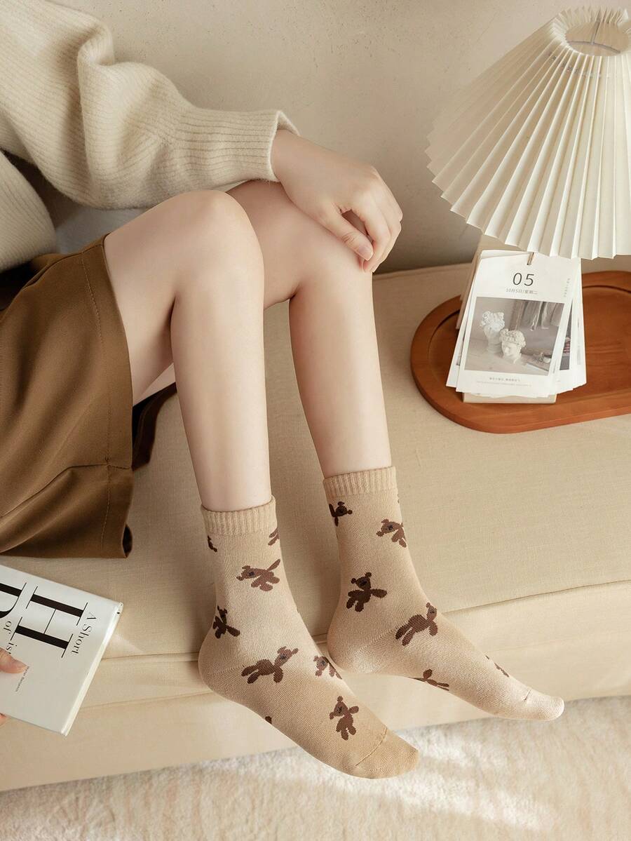 5双装女士时尚米色蓬松棉袜，透气高弹保暖不闷热，可爱少女棉袜，适合春秋季日常穿着及通勤。 - 彩色 - 查看 1