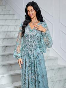 JINLICX Elegant Light Blue V-Neck Bridesmaid Dress, Suitable For Cocktail Party, Banquet, Wedding - Baby Blue - View 3