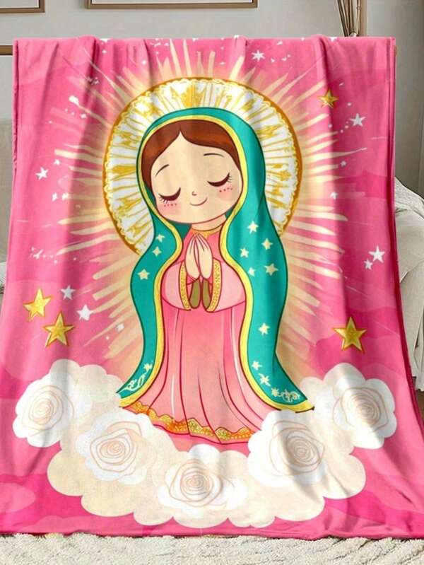 Anime Virgin Mary & Our Lady Guadalupe Design Soft Flannel Throw Blanket Cobijas Calientitas, sabanas, frazadas, Manta de Franela Multifunción, Cama, Sofá, Camping,  Ilustración Fantástica Vibrante, Súper Suave y Cálida,  Ideal para Regalo, Decoración del Hogar, Acolchado, Para Exteriores