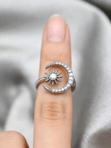 1 件欧盟/中东风格太阳和月亮设计，2025 时尚/神话图案，高品质铜微镶嵌方晶锆石开口戒指，适合大学、商务、休闲、夜店、日常穿着的女性 - 金黃色 - 查看 5
