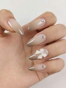 24片杏仁形美甲贴片套装，甜美法式渐变美甲贴纸，含1个指甲锉和1瓶果冻胶，适合女性和女孩日常佩戴 - 淺灰色 - 查看 1