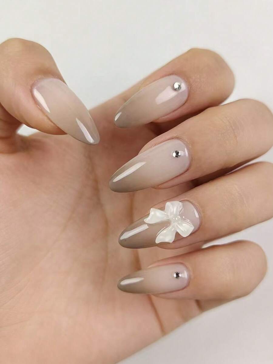 24片杏仁形美甲贴片套装，甜美法式渐变美甲贴纸，含1个指甲锉和1瓶果冻胶，适合女性和女孩日常佩戴 - 淺灰色 - 查看 1