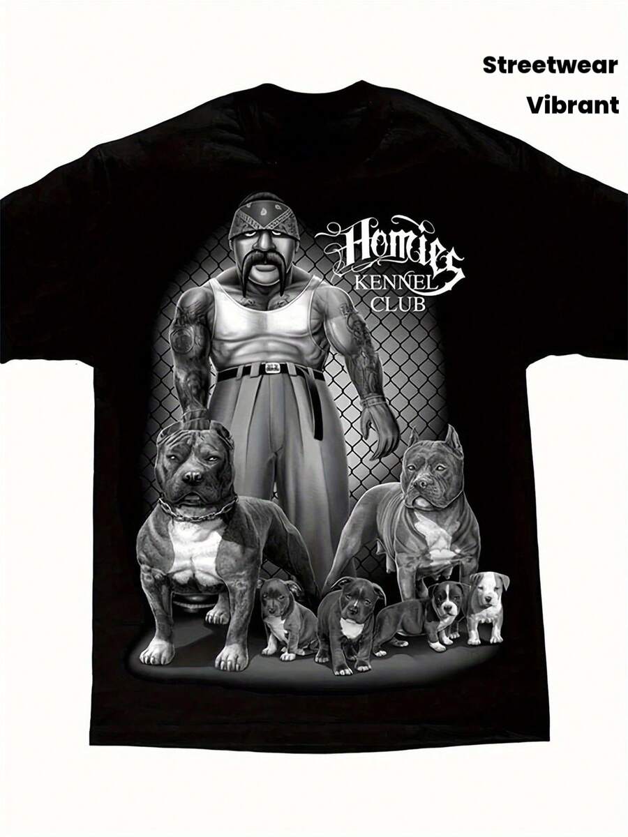 David Gonzales Men'S Black Kennel Club Gangster Pit Bull DGA Art Graphic-Shirt, Featuring Vibrant Digital Prints, Washable, Urban Streetwear - 黑色 - 查看 1