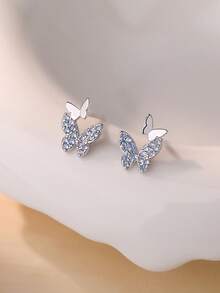 高级S925纯银双蝴蝶耳钉，5A级闪亮锆石，优雅女孩情人节生日礼盒装，派对旅行必备。 - 淺藍色 - 查看 4