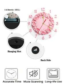 1pc 2D Butterfly Heart Shaped Silent Wall Clock - 10/12 Inch Round Wooden Pink Floral Blue Butterfly Theme Silent Wall Clock, Green Large Wall Clock, Lab Butterfly Wall Clock, Living Room Wall Clock - A - View 5