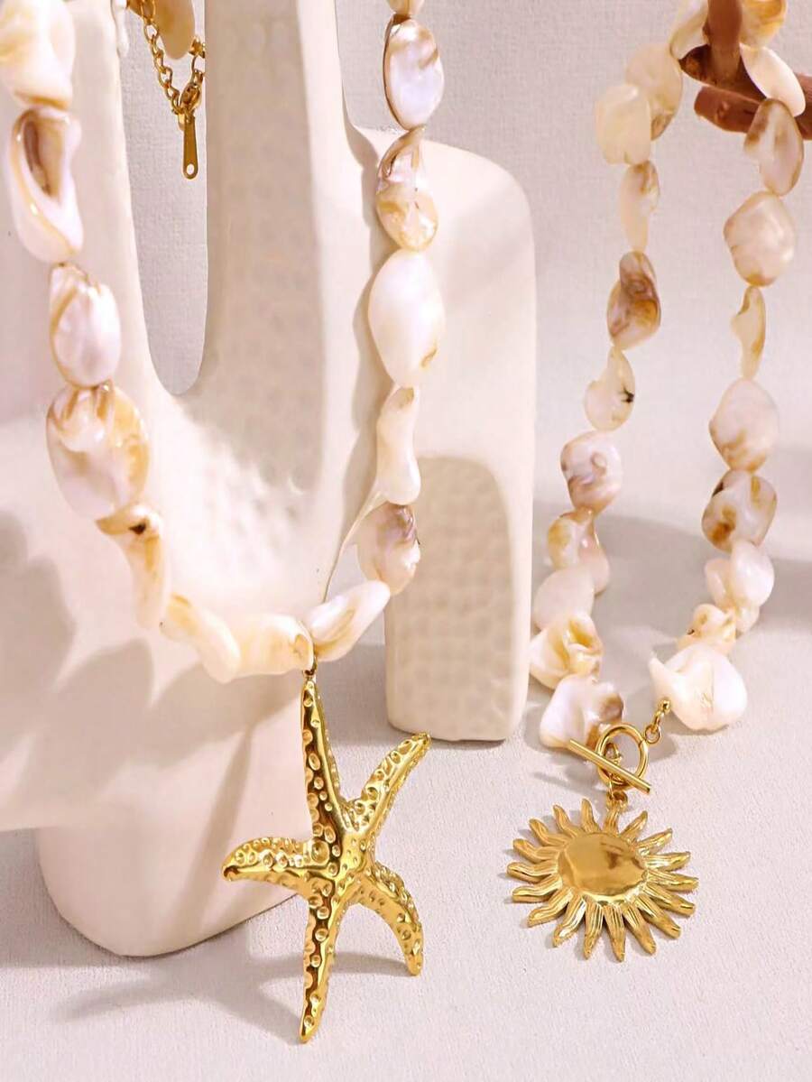 Bohemian Asymmetric Shell Bead Starfish Sun Necklace Suitable For Wearing On Various Occasions Such As Daily Vacations - Gold - View 1