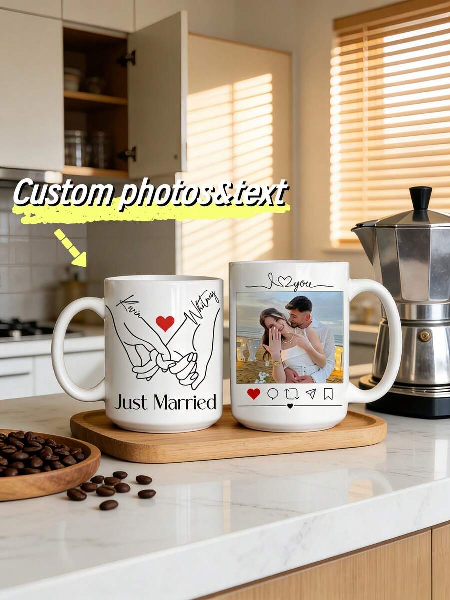 1pc Personalized Mug With Name And Hand-Drawn Heart Line Design, Couple's Customized Gift, Wedding Memento, Engagement Gift, Newlywed Anniversary Coffee Cup, Wedding Keepsake - Multicolor 7 - View 1