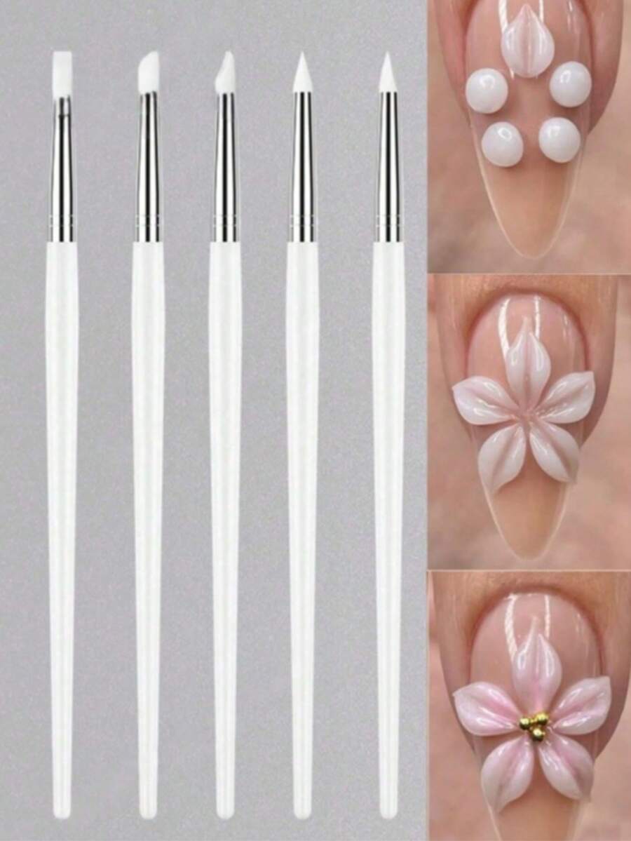 5pcs Nail Art Pen Set With Silicone Brush Heads, Suitable For Acrylic Flower Nail Carving, Embossing, Shaping, Hollow Sculpture, Dotting And Other Nail Art Tools - Black - View 1