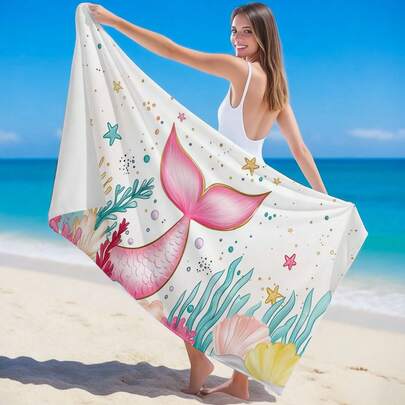 1pc Ocean Creature, Seaweed, Shell, Star, Mermaid Tail Print Beach Towel, Super Absorbent Quick Dry Towel For Swimming, Soft Beach Blanket, Suitable For Beach, Swimming, Outdoor Camping Travel, Ideal Beach Essential