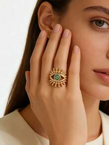 3pcs Set Vintage Metal Inlaid Faux Turquoise Crown Ring Set, Can Be Worn Separately, Suitable For Women's Daily, Dating, Party, Holiday, Gift Accessories - Yellow Gold - View 5