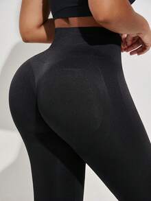 Seamless Flow High Waisted Tummy Control Butt Lifting Yoga Leggings - Black - View 4