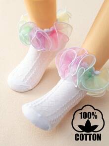 1双棉质婴儿/女童网眼蕾丝边踝袜，芭蕾舞短袜 - 彩色 - 查看 9
