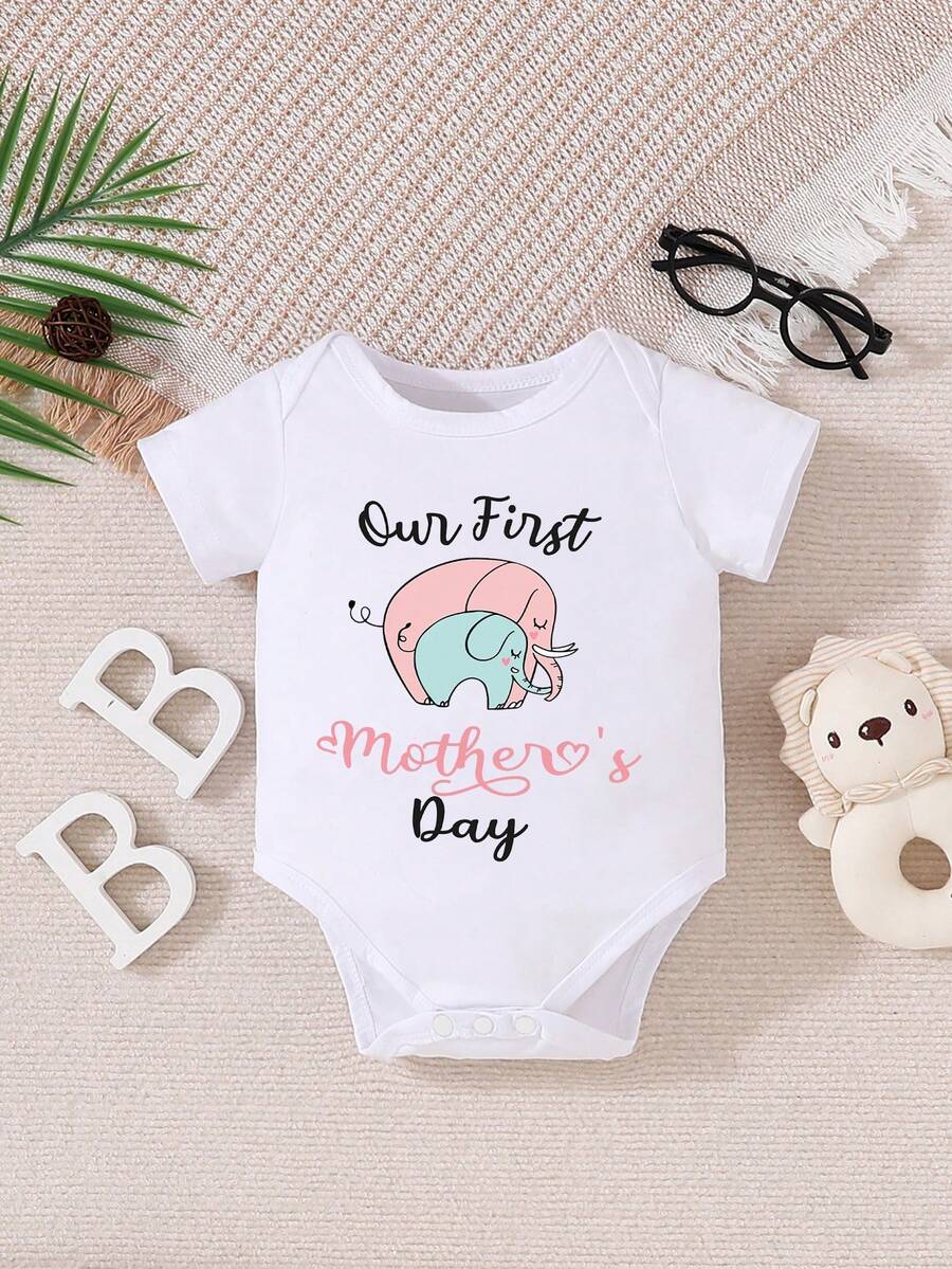 Vår första mors dag tillsammans med tecknat tryck söta babybodyer - Vitt - Visa 1
