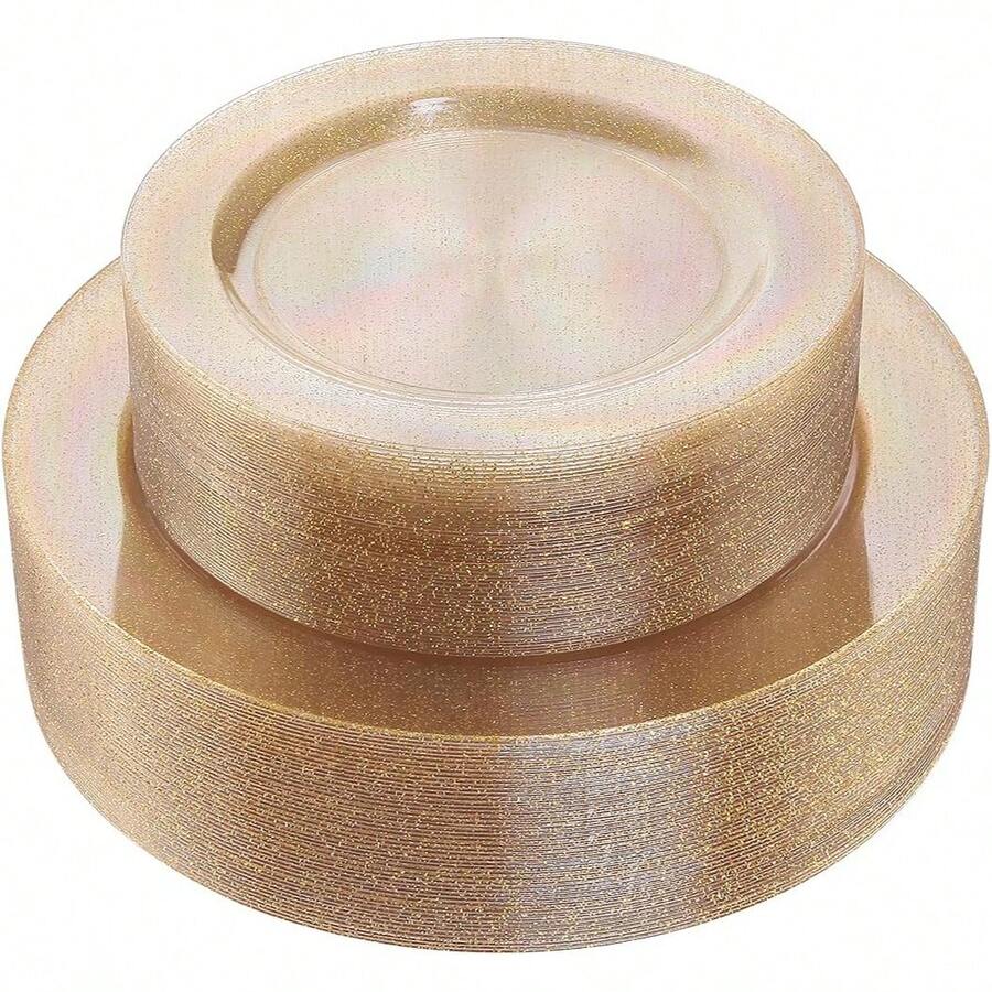 50/25/12个可重复使用的透明金色派对餐盘，7.5英寸和10.25英寸，适用于宴会和开胃菜 - 非常适合派对、婚礼、生日和餐饮活动（圣诞节/情人节/母亲节），婚礼用品，活动餐具，时尚餐盘，优雅餐具，轻便耐用，适合家庭聚会和餐饮服务 - 彩色 - 查看 1