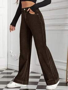 High Waisted Brown Corduroy Wide Leg Pants - Soft Corduroy With Wide Leg Silhouette - 咖啡棕 - 查看 3