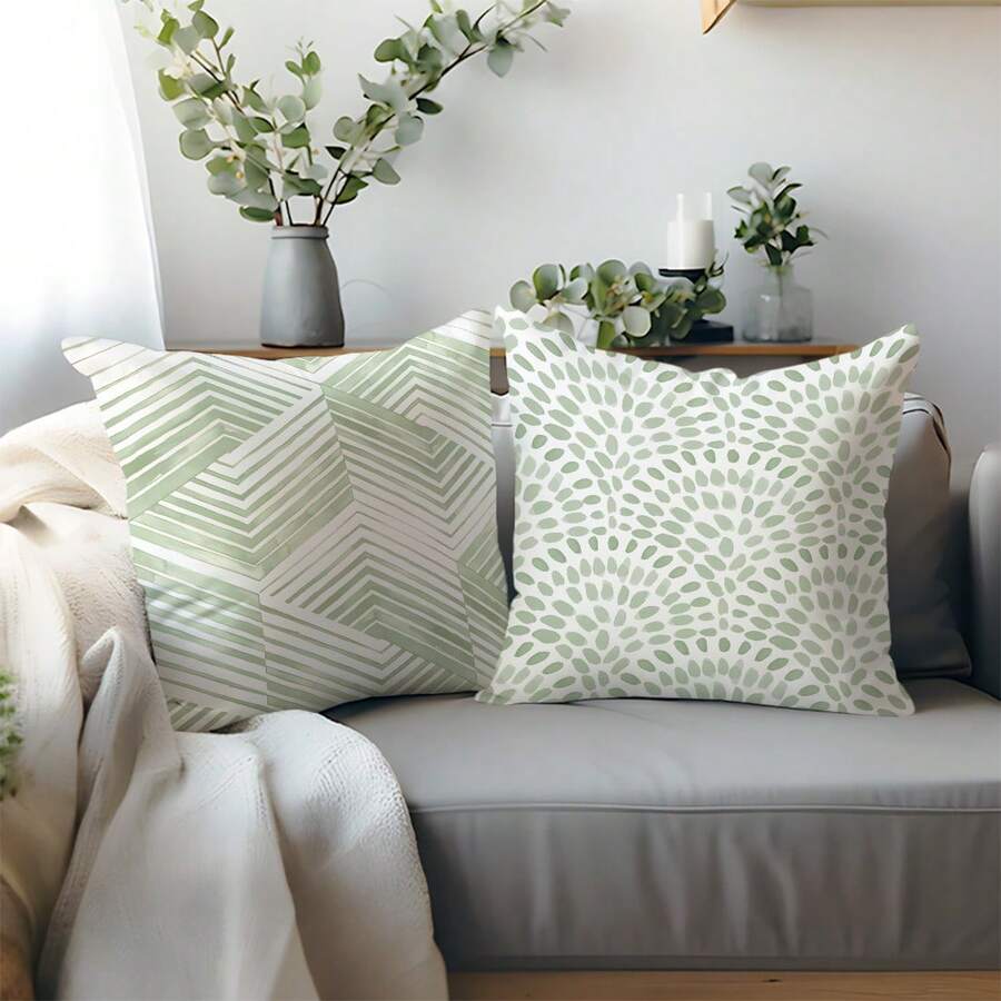2 件装清新浅绿色几何纹理印花抱枕套【不含枕芯】，尺寸 45*45 厘米（17.7*17.7 英寸），【单面印花】，涤纶材质，水彩 V 形水滴图案抱枕套，适用于沙发、客厅、卧室、汽车、办公室、酒店、民宿装饰，是馈赠亲朋好友的完美礼物。 - 彩色 - 查看 1
