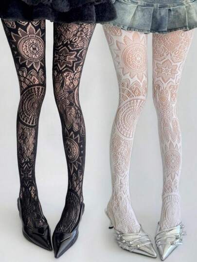 1 para damskich rajstop z siateczki w kwiaty, wiosenno-letnie, koronkowe, czarne pończochy z siateczki z wzorem słońca, oddychająca siateczka w kropki, nogawki w różne wzory, dopasowane i seksowne, obcisłe skarpetki