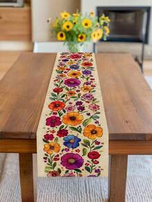 1pc Spring Floral Table Runner - Multicolor Beige And Poppy Daisy Violet Clover - Durable Polyester Fabric Easy Clean Tablecloth Suitable For Kitchen, Dining Room, Office, Coffee Table - Red - View 2
