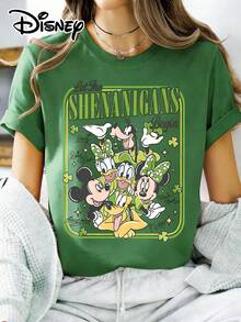 Disney Official Authorization | Women's St. Patrick's Day-Themed Short-Sleeve T-Shirt, Featuring A Vintage Group Photo Print Of Classic Characters Including , , , Daisy Duck, , And Pluto, With The Fun Slogan "Let The Shenanigans Begin" And Clover Elements. Made Of Opaque Fabric, It Is Machine Washable, Suitable For Park Visits And Daily Casual Wear, Making It An Eye-Catching Piece For Holiday Outfits. - Green - View 1