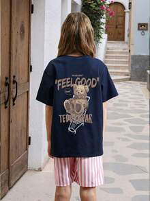 1pc Tween Girls' Printed Short Sleeve T-Shirt, Summer Youth Student Casual Tops, Tops - Navy Blue - View 2