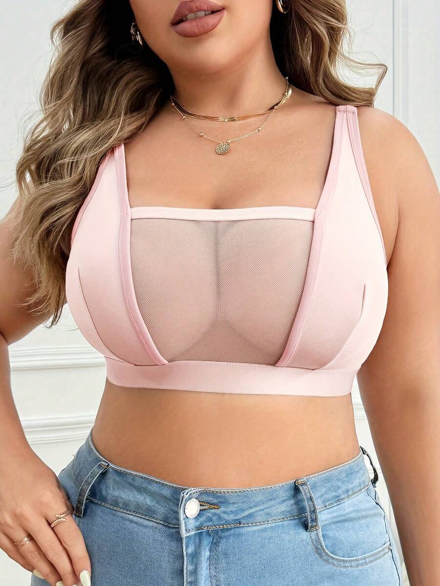 Plus Size Women's Comfortable Minimalist Wireless Bra, Mesh Patchwork, Knit Fabric - Pink - View 1