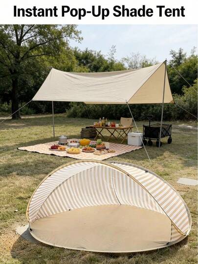 2 Person/Quick Setup Beach Tent Canopy - Portable No Assembly Striped Beige Sunshade Design, Suitable For Camping, Picnic, Holiday, Outdoor Sunshade Essential, 2026 Spring Outdoor Must-Have, Family Beach Day Gear, Easter Picnic Essential, Holiday Season Tent, Summer Travel Sun Protection Tent