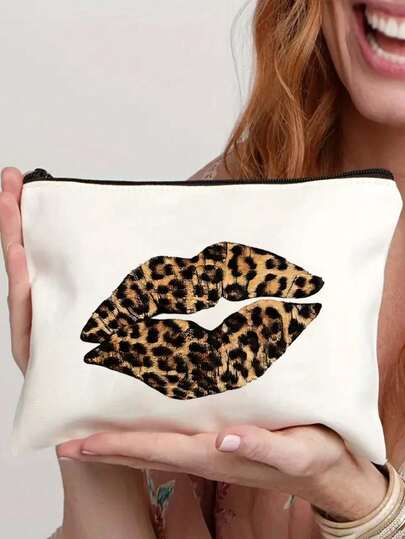 Leopard Print Lip Imprint Handbag, Durable & Fashionable Gift, Zipper Closure, Suitable For Loved Ones Or Girlfriend, Portable Cosmetic Bag
