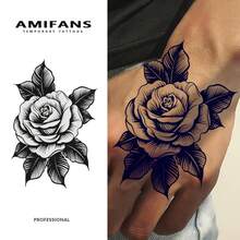 AMIFANS 临时纹身贴纸 黑玫瑰，半永久纹身，可持续1-2周，持久纹身，果汁纹身，逼真纹身，浪漫纹身，仿真纹身，防水，外观逼真，小众设计纹身，水果纹身，植物纹身 - 黑色 - 查看 1