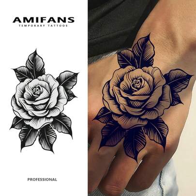 AMIFANS 临时纹身贴纸 黑玫瑰，半永久纹身，可持续1-2周，持久纹身，果汁纹身，逼真纹身，浪漫纹身，仿真纹身，防水，外观逼真，小众设计纹身，水果纹身，植物纹身