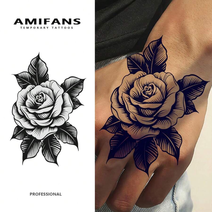 AMIFANS 临时纹身贴纸 黑玫瑰，半永久纹身，可持续1-2周，持久纹身，果汁纹身，逼真纹身，浪漫纹身，仿真纹身，防水，外观逼真，小众设计纹身，水果纹身，植物纹身 - 黑色 - 查看 1