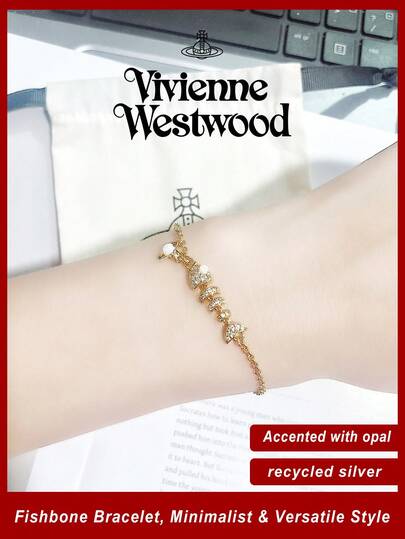 Vivienne Westwood Lyall Collection Fishbone Bracelet Gold Tone, Rhinestone Embellished