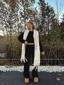 2件套女士Y2K风格可爱针织毛衣上衣和裤子家居服套装，休闲秋冬装，黑色 - 黑色 - 查看 7
