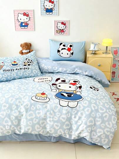  Sanrio Large Digital Positioning Print Duvet Cover, Light Blue Leopard Print Hello Kitty Pattern, Cloud-Like Texture, Synthetic Double-Layer Gauze, All Season, Machine Washable Removable, Suitable For Dorm, Bedroom, Hotel, Zipper Closure, Single, Double Size (Duvet Cover Only, No Comforter Or Pillow)
