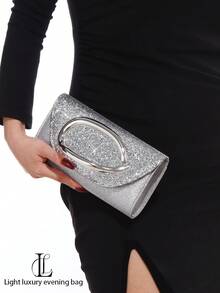 1件女士时尚复古金属手柄晚宴手拿包，奢华优雅闪亮水钻亮片装饰，金属细节盒形包身，配有可拆卸金属链条肩带，适合婚礼、派对、舞会、夜店、正式场合、盛装打扮、钱包等场合。 - 銀色 - 查看 10