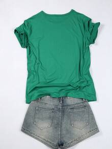 Ladies' St. Patrick's Day Green T-Shirt - Letter Leopard Print And Checkered Clover Heart Shape, Casual Short-Sleeved Round Neck - 綠色25 - 查看 2