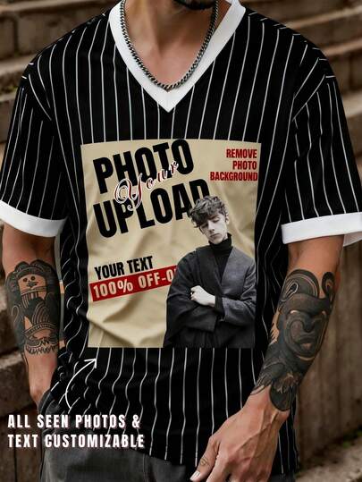تي شيرت رجالي أسود مخطط بياقة على شكل حرف V، يمكن طباعة صورتك/صورة/اسمك/نص/شعارك/رقمك الحظي، [صورة مخصصة للعائلة/الحيوان الأليف/أفضل صديق] قميص تذكاري، زي المدرسة/زي العمل/قميص إعلاني/ملابس الفريق، يمكن تخصيص أي نص وصورة، ما عليك سوى تحميل صورتك والنص