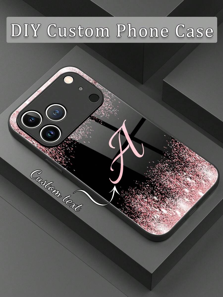 1pc Customized Letter, Black & Pink Gradient Glitter Pattern Liquid TPU Full Edge + Tempered Glass Shockproof Scratch-Resistant Phone Case Compatible With Apple 17 Pro Max/16 Pro Max/15 Pro/14 Plus/13 Pro/12 Pro Max/11/Xs Max/8/7/6 Plus, S24 Ultra/S25 Ultra, / Phones - Black - View 1