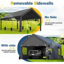 JAMFLY Carport, Heavy Duty Carport With Roll-Up Windows, Portable Garage With Removable Sidewalls & Doors, Car Canopy With Sandbags And All-Season Tarp For Car Boat Truck Motorcycle - 深灰色 - 查看 7