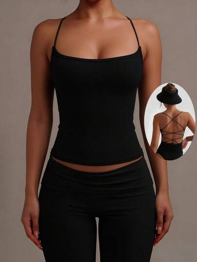 XLLAIS Women's Solid Color Slim Fit Backless Camisole For Summer Black Knit Open Back Tops