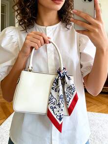 1Pc 70x70cm Square Silk Scarf For Women, Satin Printed Headscarf, Neckerchief, Headband, Fashion Shawl & Scarf - Red Edge Blue and White - View 8