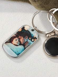 Custom Photo Keychain: Stainless Steel Personalized Text, Anniversary Gift - Silver - View 3